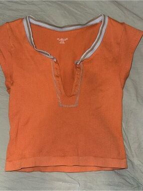 Urban Outfitters Orange Ribbed Henley Crop Top with Contrast Trim